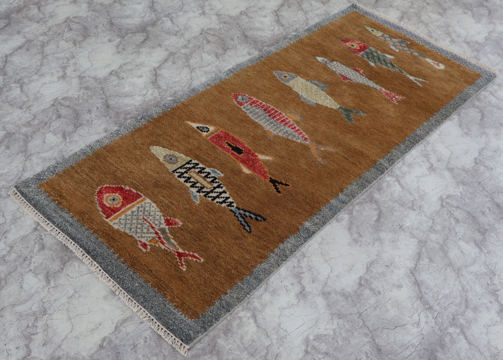 Hand Knotted Fish Runner Rug Wool Brown Coastal Nautical Hallway Rug