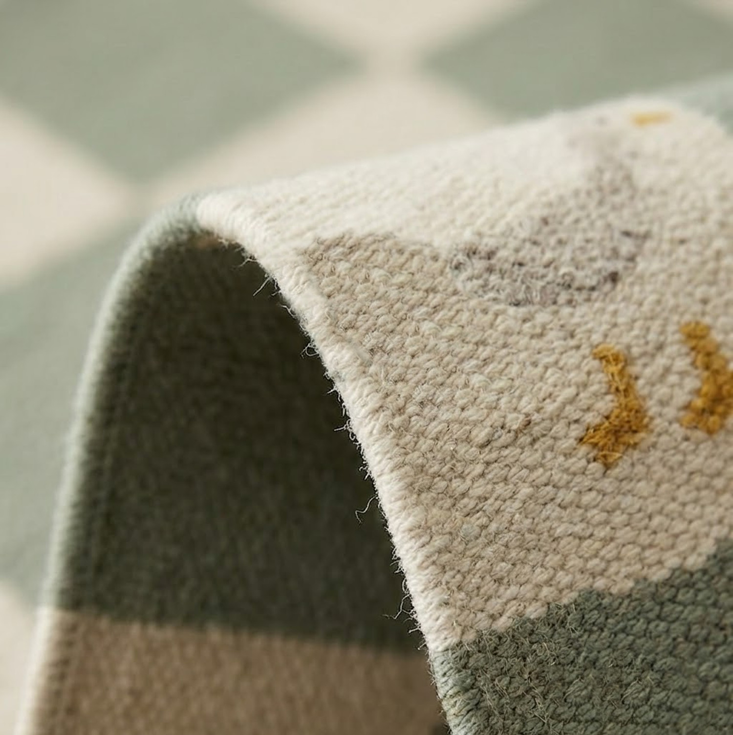 Handmade Duck Goose Kilim Rug Wool Flatweave Sage Green Checkerboard Nursery