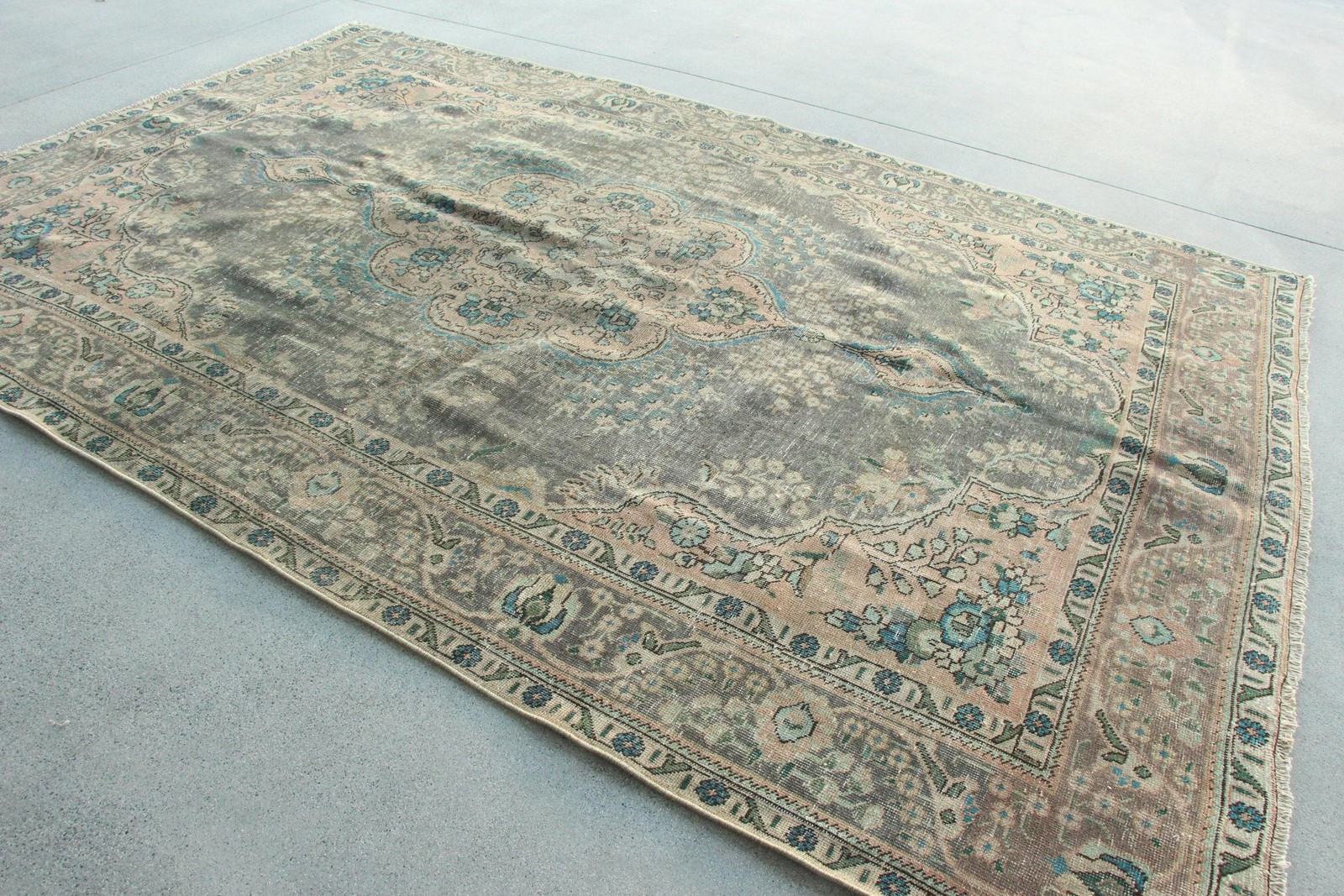 Vintage Turkish Rug, 6,6×9,5 ft Rug, Blue Brown Solid Rug