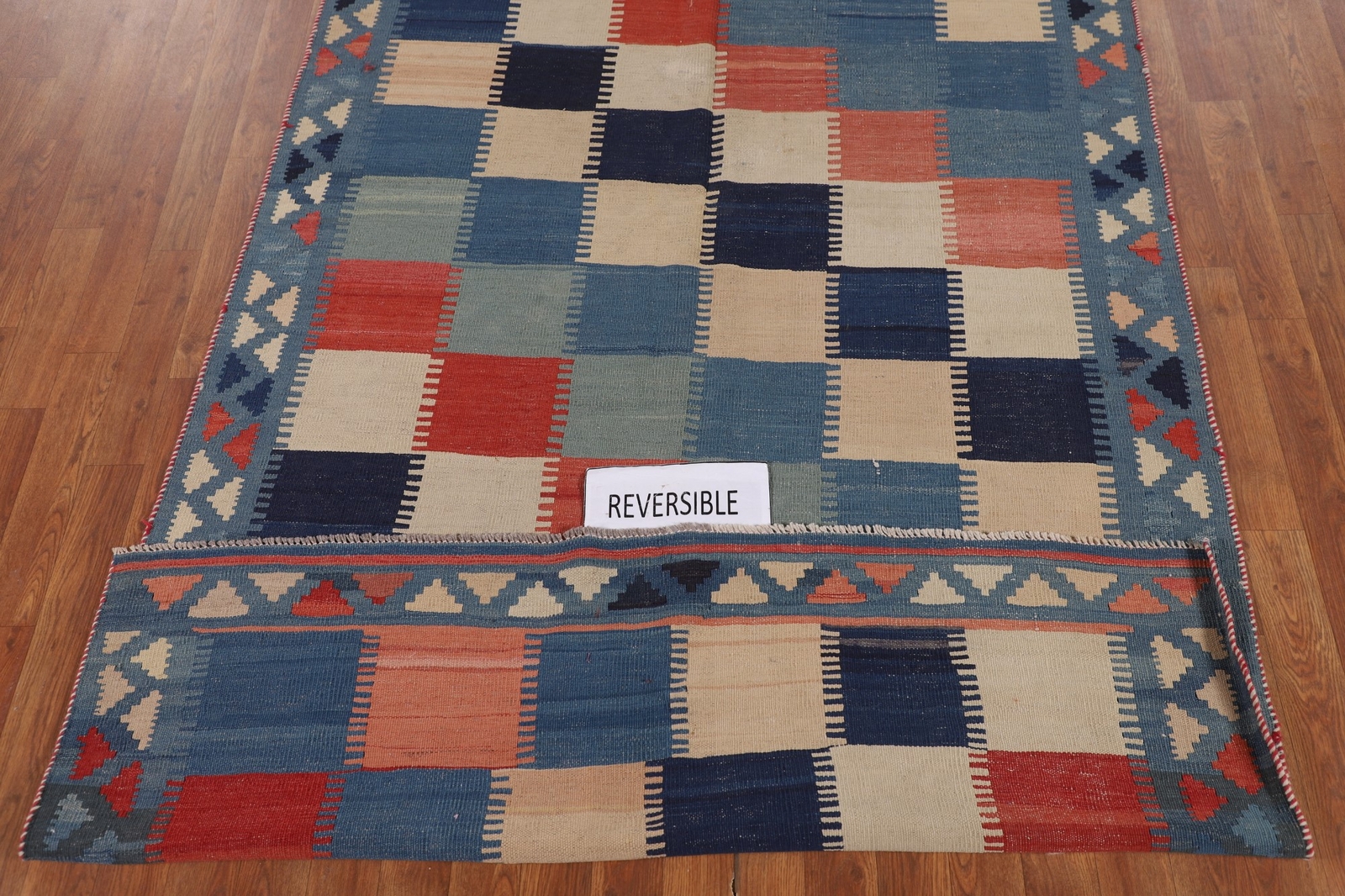 Checkered Wool Kilim Vegetable Dye Reversible Rug 5×8 Vintage Flatweave Carpet