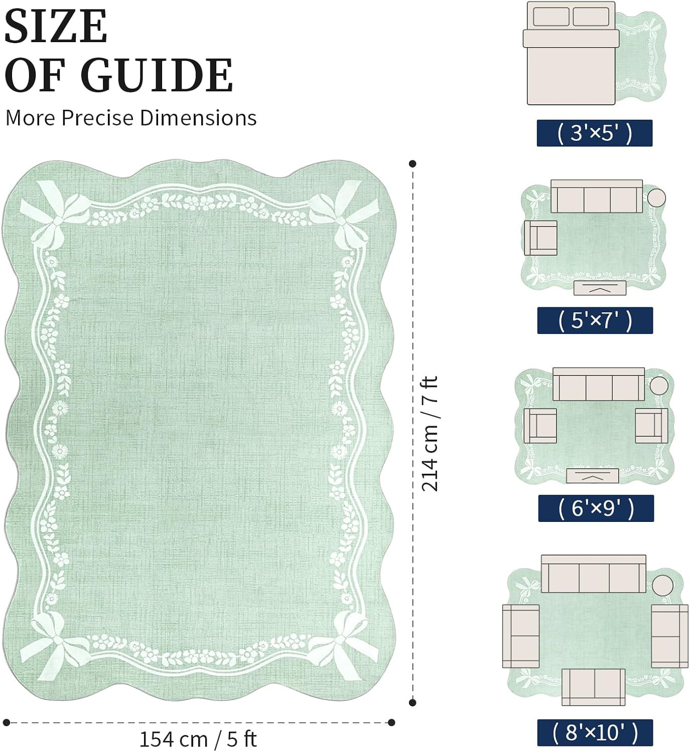 5’X7′ Area Rug Sage Green Bow Scalloped Nursery Rug, Cute Princess Girls Bedroom