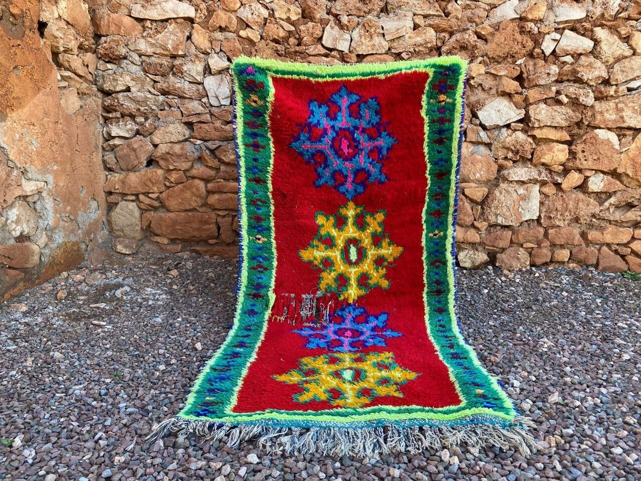 Vintage Moroccan Handmade Rug 2’6×6′ Tribal Red Green Berber Cotton Hallway Rug