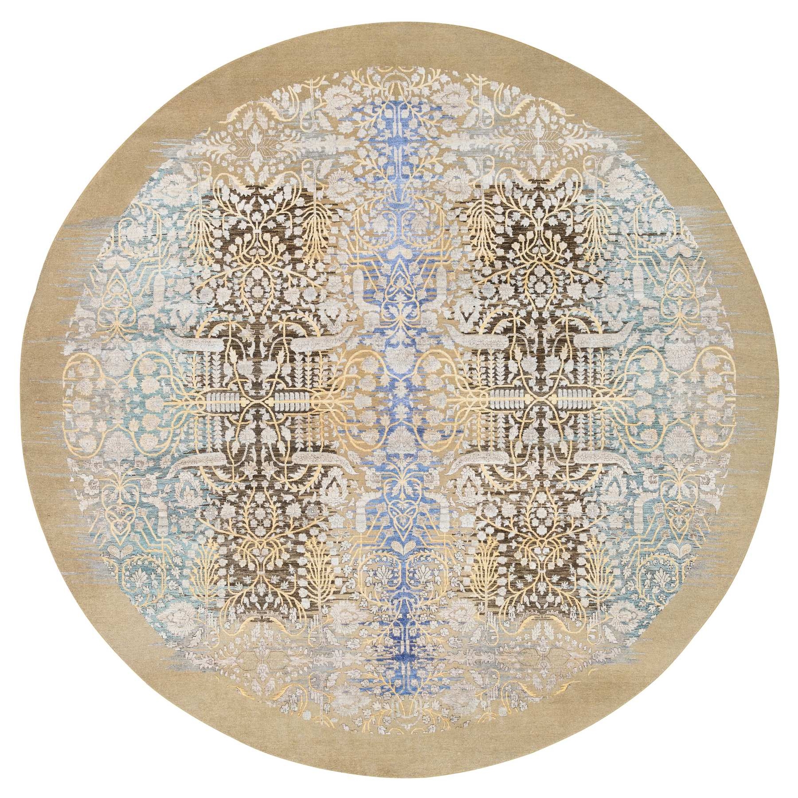 11’10″x11’10” Gold Brown Hand Knotted Saroogh Silk With Wool Round Rug R64438