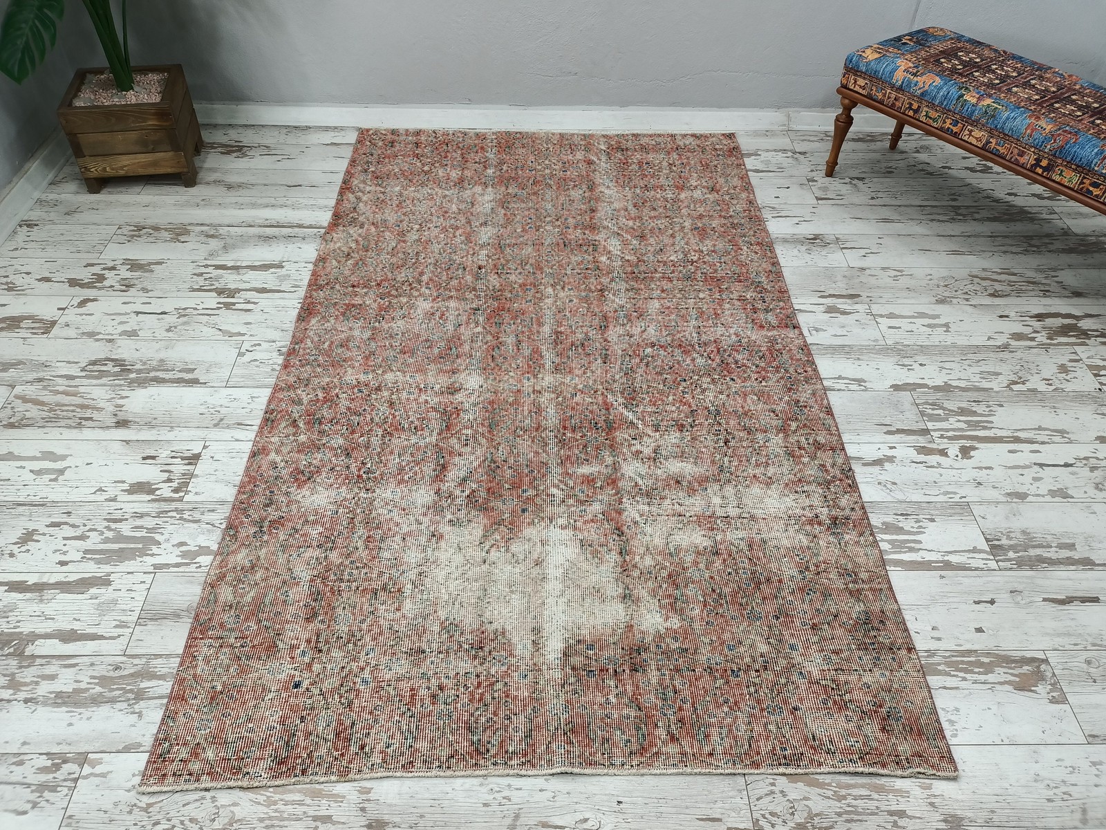 Turkish Oushak Rug Vintage Handmade Wool 4.9×8.4 Ft Faded Primitive
