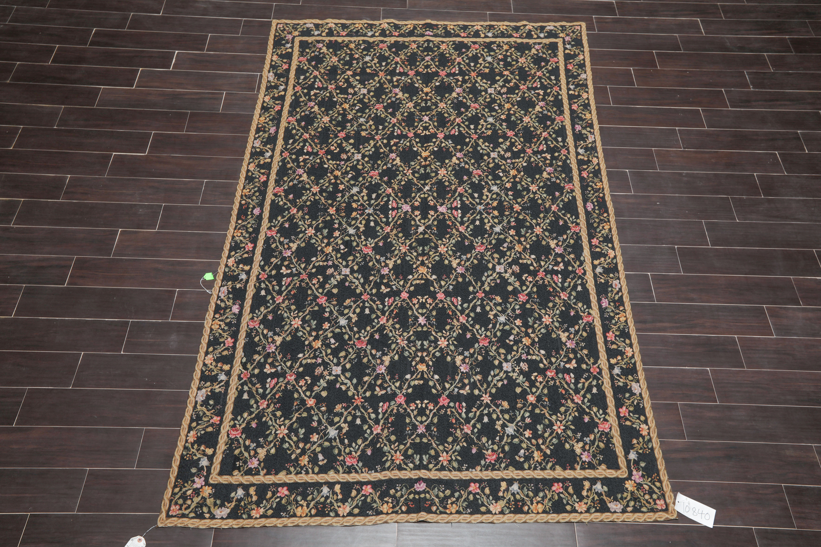6’1″ x 9’1” Hand Woven Wool French Aubusson Needlepoint Flat pile Area Rug Black