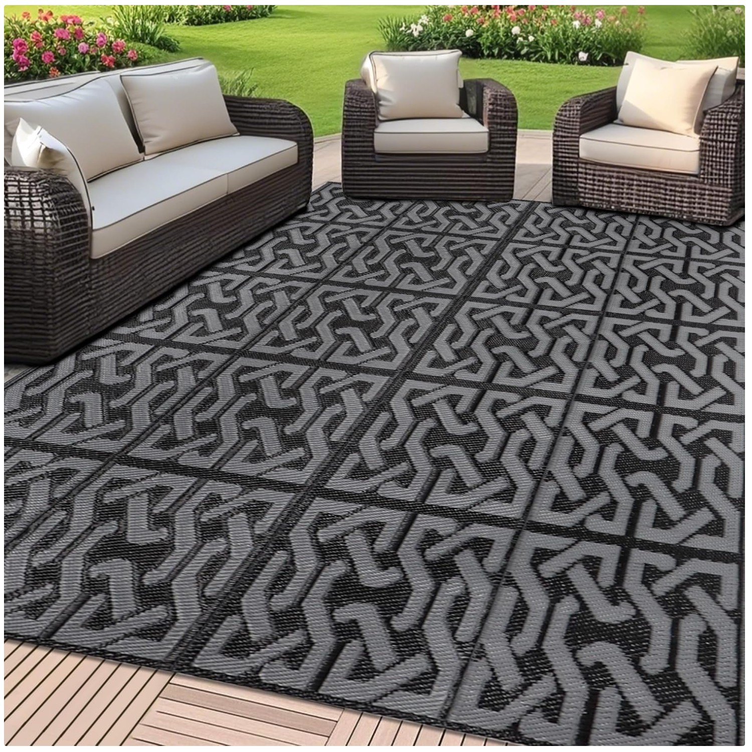 Black & Grey RV Patio Rug, Large Reversible Mat for Outdoors^