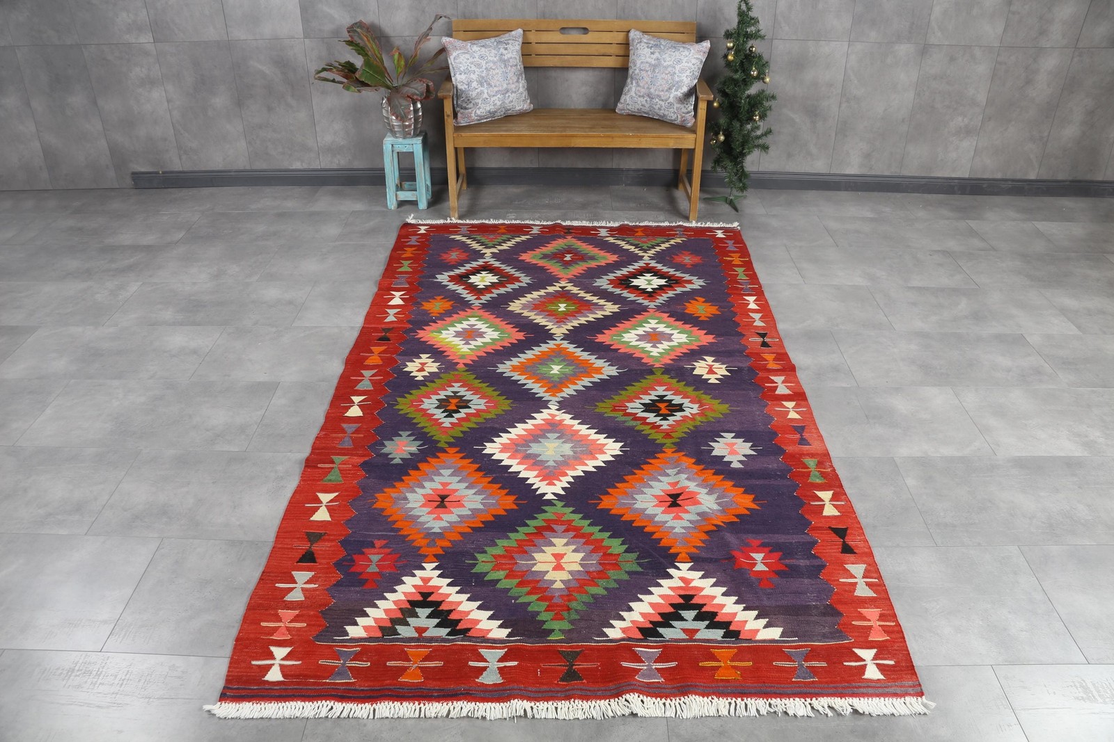 Vintage Turkish Rug 5,3×9,1 ft (163×276 cm), Kilim Red Purple Handmade Rug