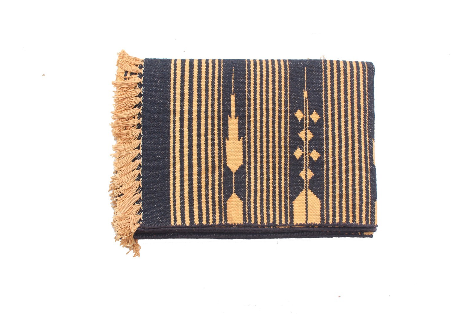 🧵 Black & Golden Yellow Striped Cotton Runner – Reversible Handwoven Kilim Rugs