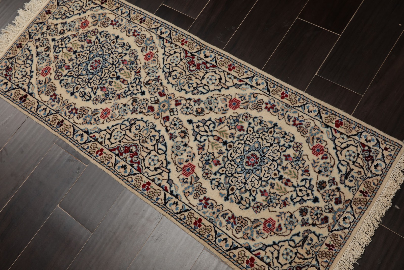 1’9”x4’3” Runner Hand Knotted Wool & Silk Ivory Nainn 300 KPSI Rug