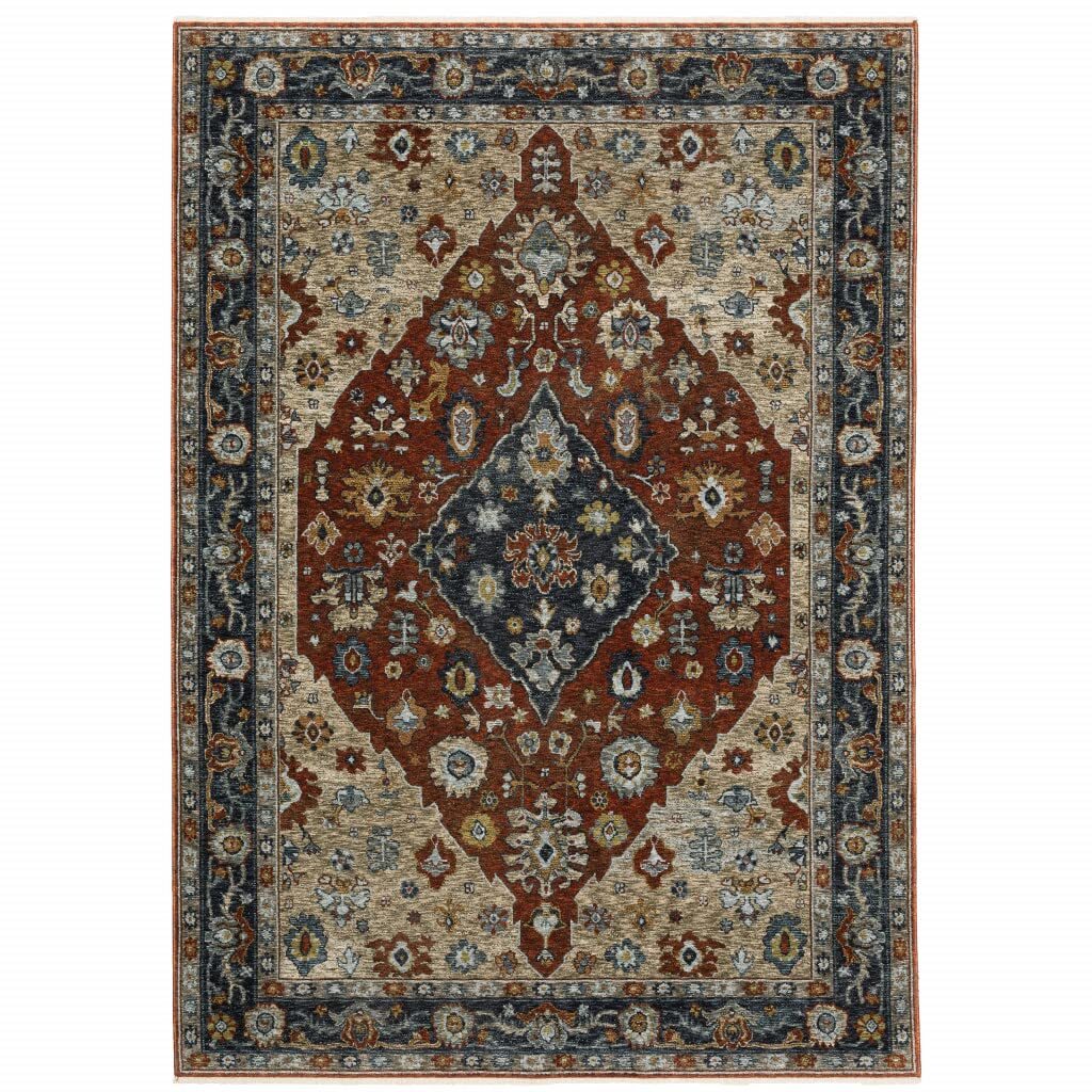 6′ X 9′ Blue Beige Tan Brown Gold And Rust Red Oriental Power Loom Stain