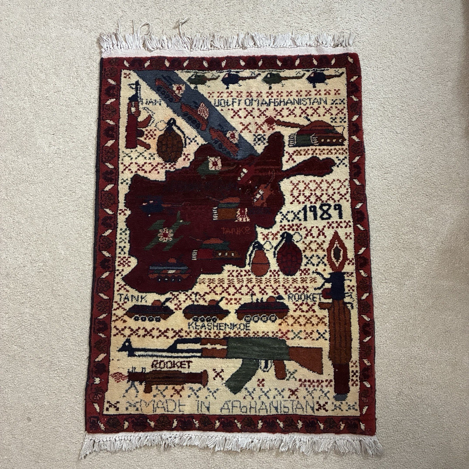 Vtg 1989 Soviet Afghan War Rug Tank, Guns, Helicopters Afghanistan Red 23″x 35″