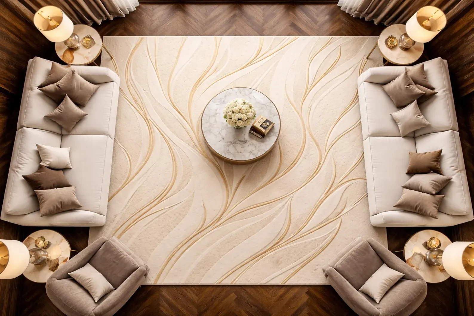 New Modern Cream & Gold Abstract 3D Sculpted Luxury Hand Tufted Wool Rug.