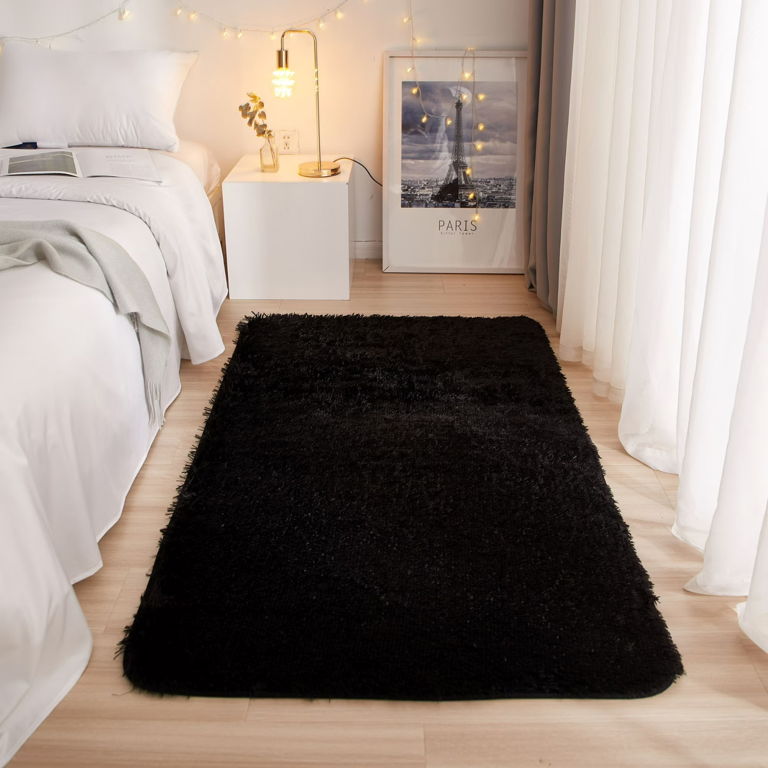 Mainstays Solid Black Fluffy Shag Faux Fur Area Rug, 36 in x 56 in