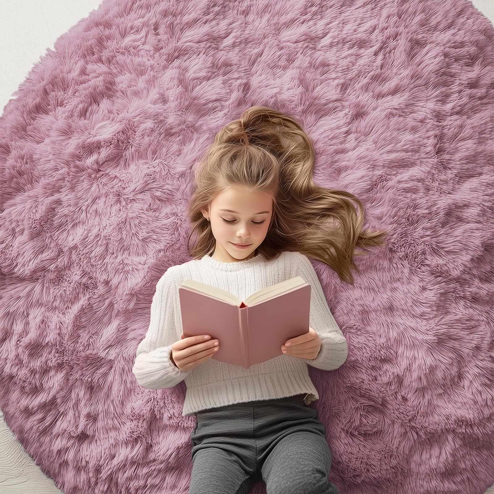 ROUND RUG for Kids Room Bedroom Fluffy Circle Faux Fur Blush 5×5 OLANLY