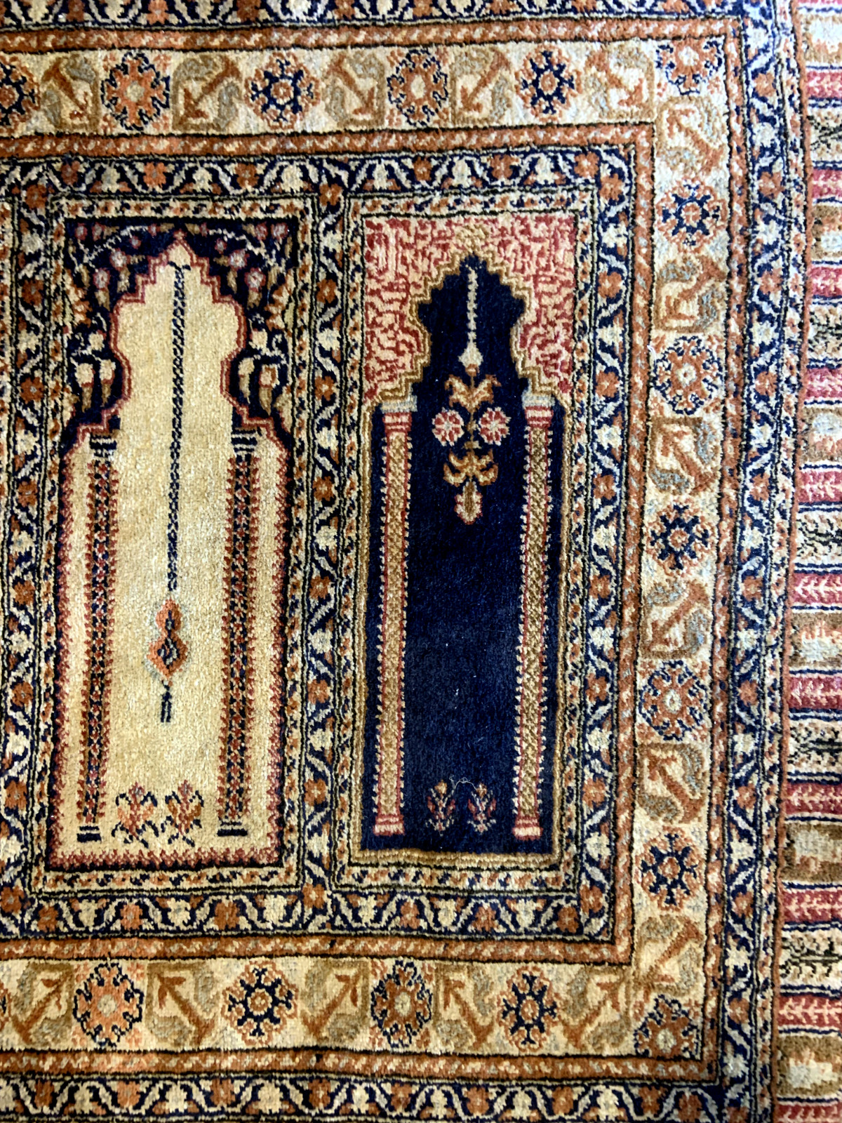 Vintage Silk Pryer Rug With Silk Pile Comes In 8 Mehrabs Made In Turkey.