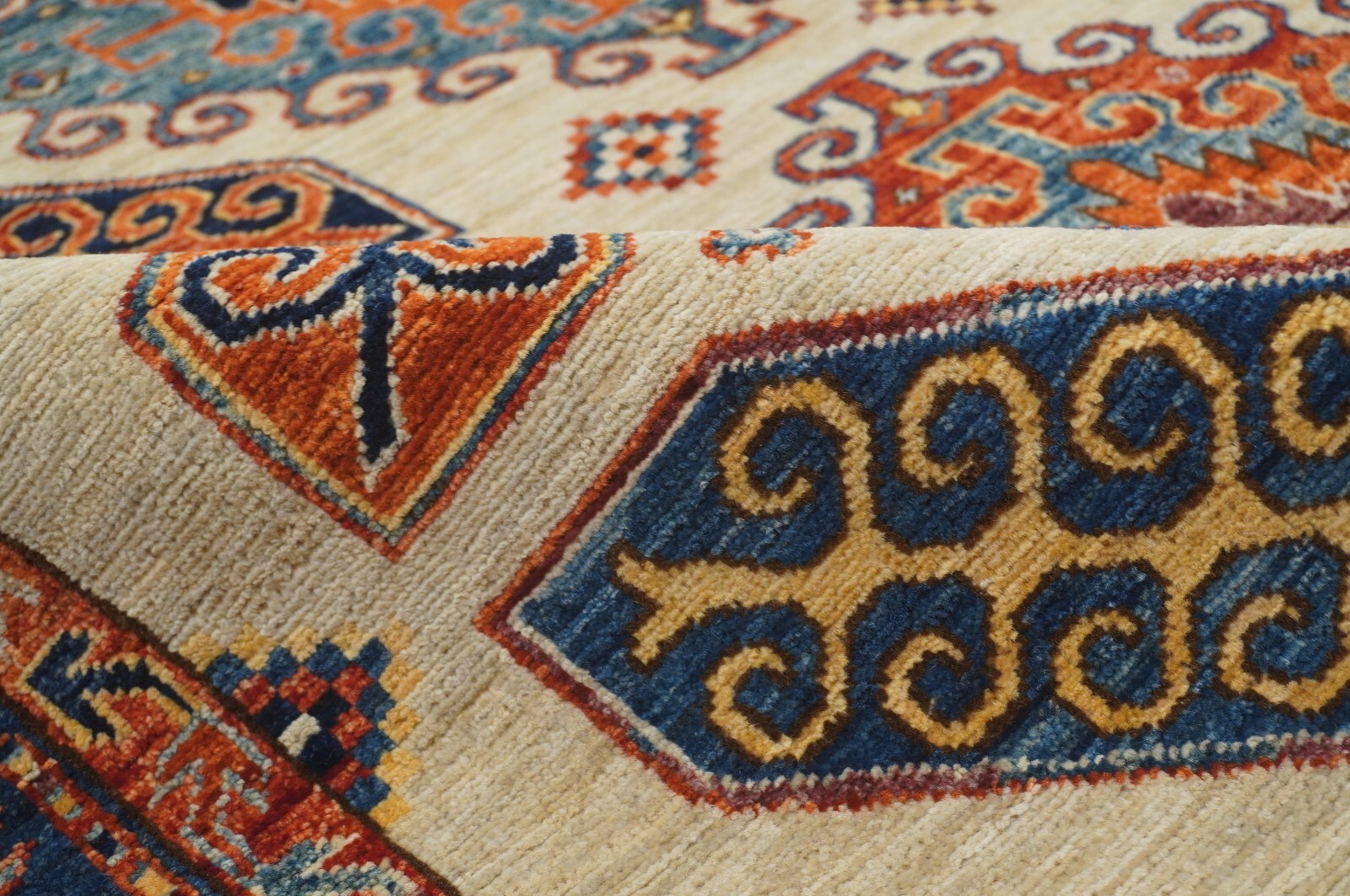 5×7 ft Beige Kazak Afghan Hand Knotted Wool Geometric Rug