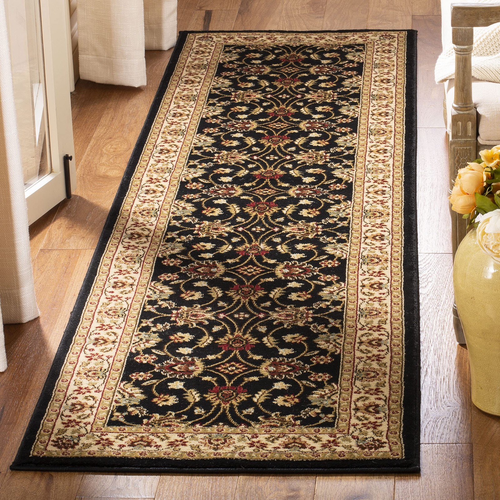 Lyndhurst 2’3″ x 16′ Runner Rug, Black & Ivory, Traditional Design, Easy Care