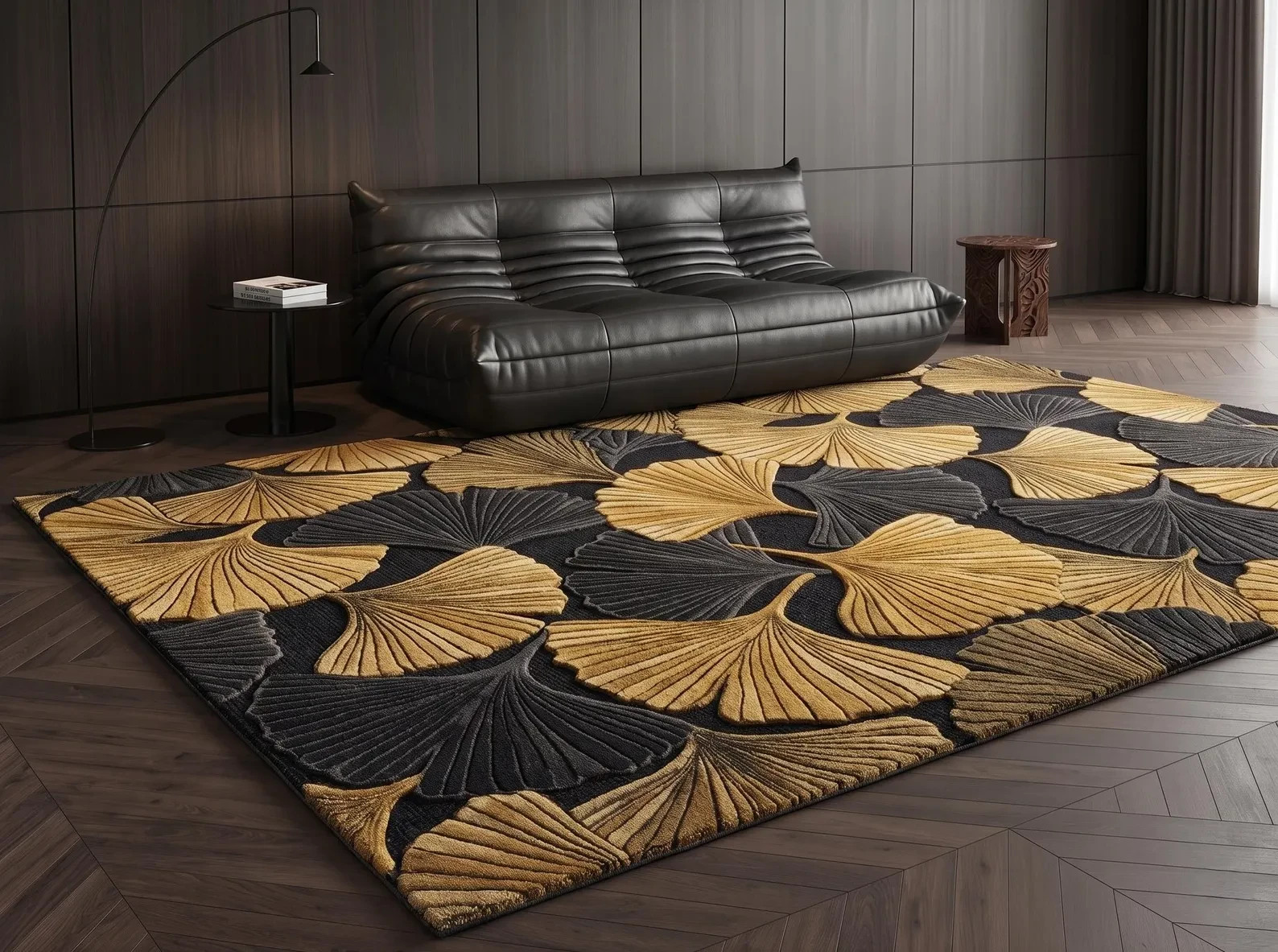 Modern Area Hand tufted Ginkgo Leaf Area Rug, Modern Botanical Rug, Gold Black