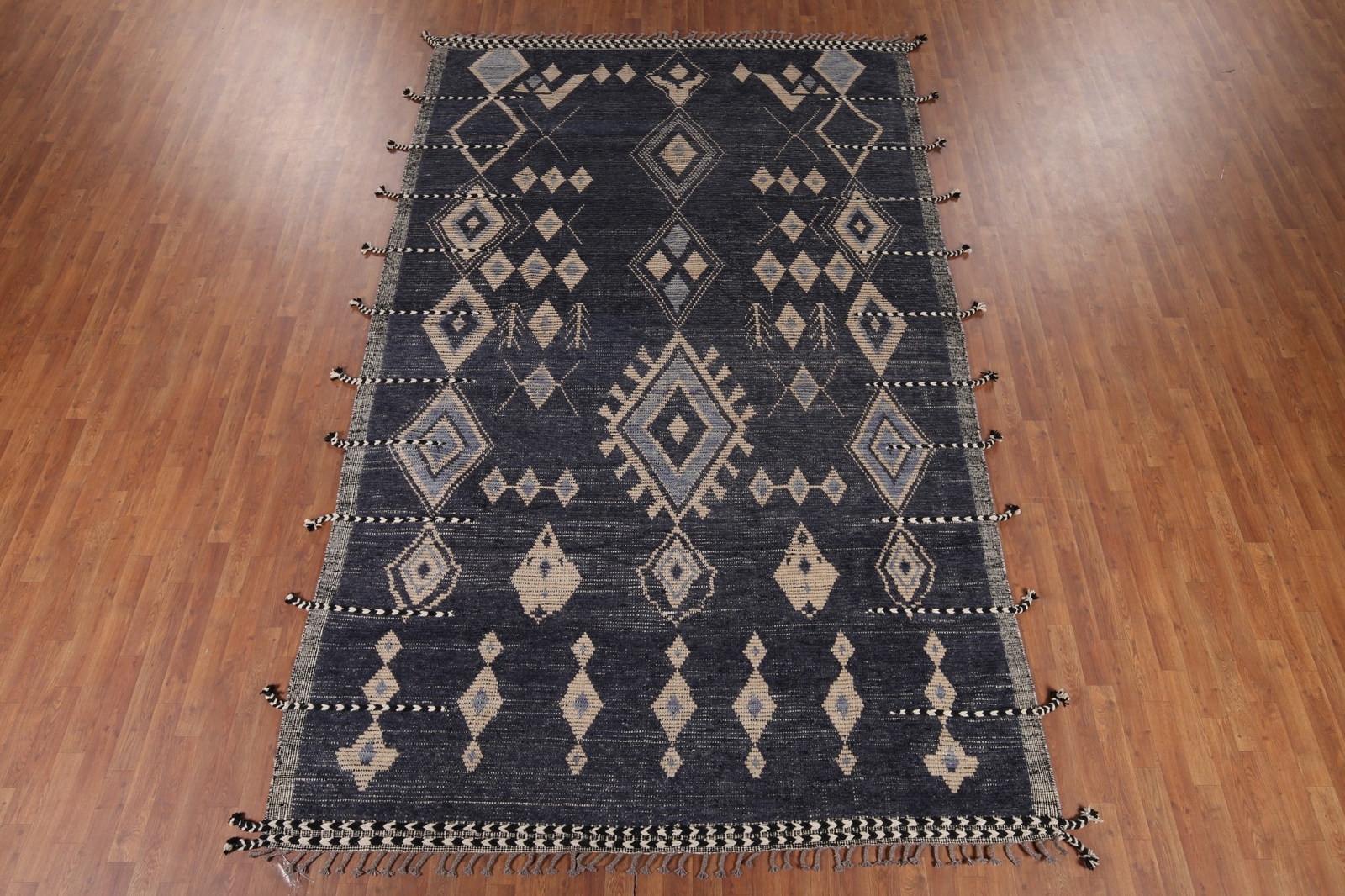 Geometric Blue Moroccan Oriental Rug 8×13 Berber Wool Handmade Room Size Carpet