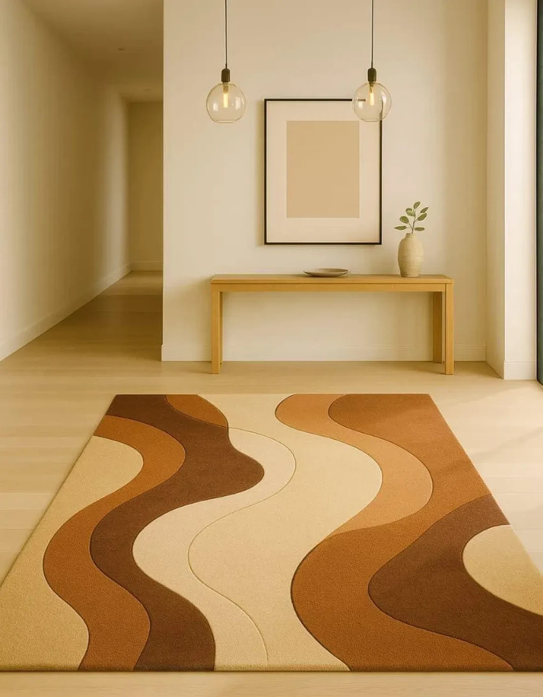 Handmade Hand-Tufted Abstract Area Rug Beige & Brown Minimalist Wave Wool Rug