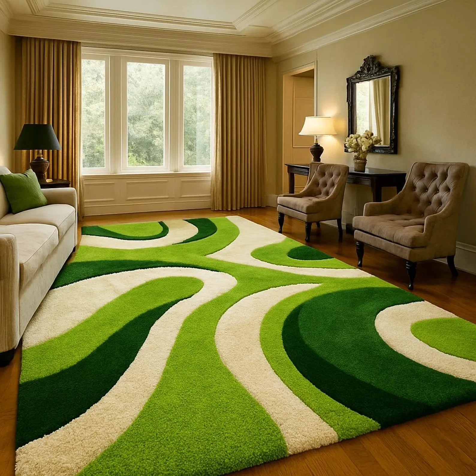 Hand Tufted Wool Area Rug – Green & White Abstract Wave Design
