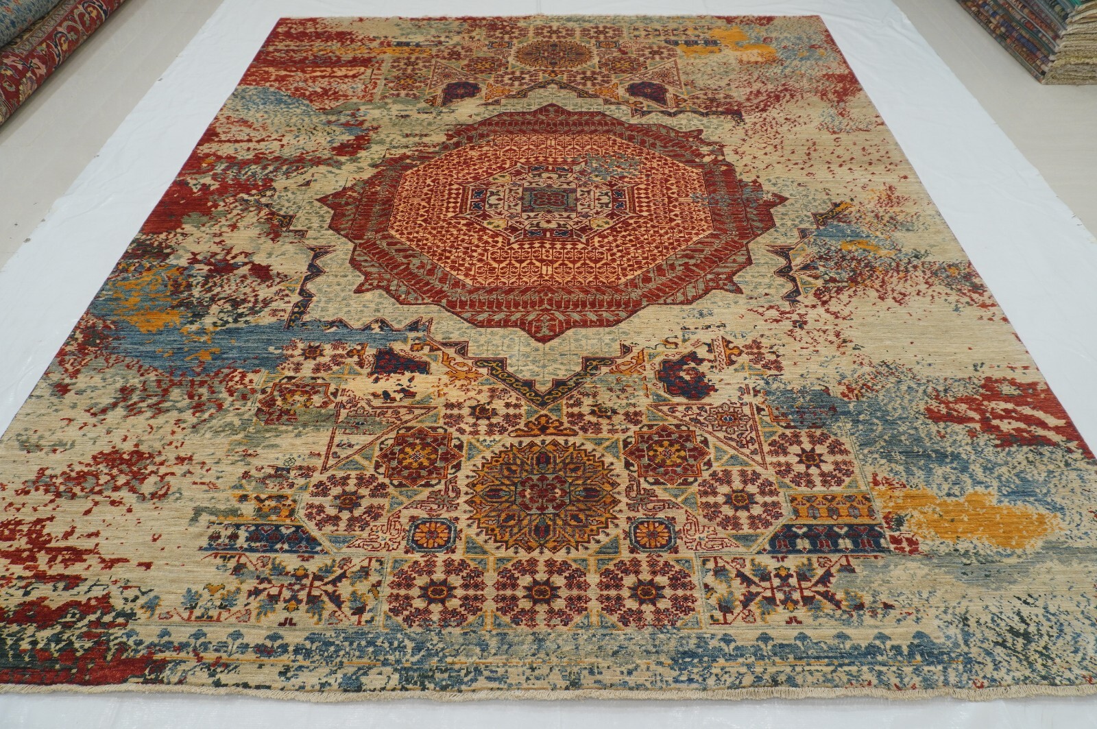 8 x 10 ft Beige Modern Mamluk Afghan Hand Knotted Abstract Medallion Area Rug
