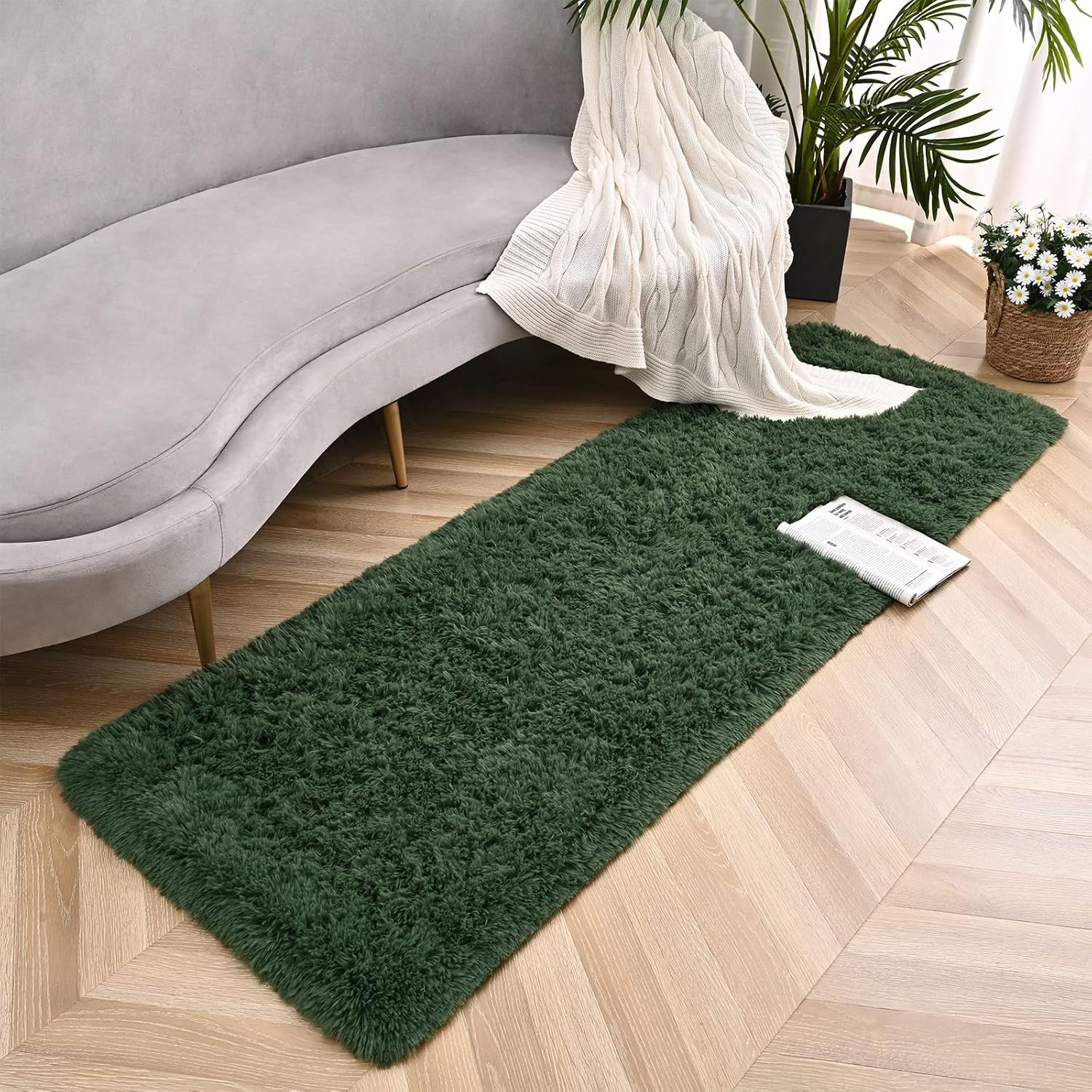 Deep Green Runner Area Rugs for Bedroom Living Room, 2X6 Feet Fluffy Bedside Rug