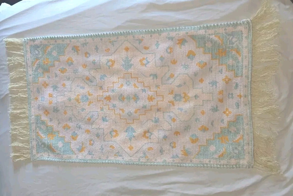 ANTHROPOLOGIE Boho 21″ by 43″ Area RUG Fringed Yellow Teal Cream Blue