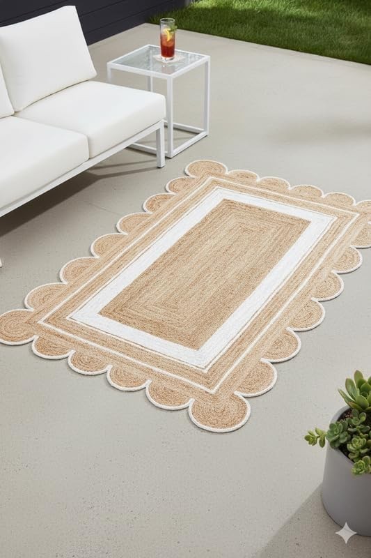 Rug Scallop Edge Rectangle Braided Handwoven Runner Jute Rug Area Floor Carpet