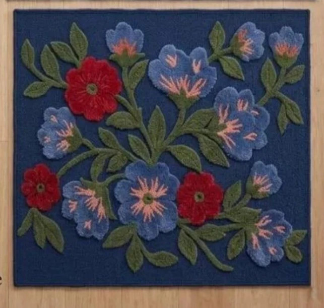 Hand-Tufted Wool Floral Area Rug: Blue Red Botanical Carpet Accent Design Rug