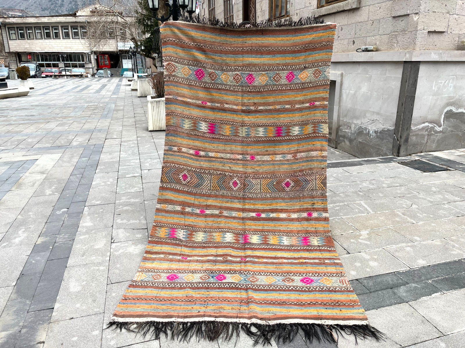 Vintage Turkish Kilim Rug 4.9×9.8 Handmade Wool Area Carpet Pink Boho Home Decor