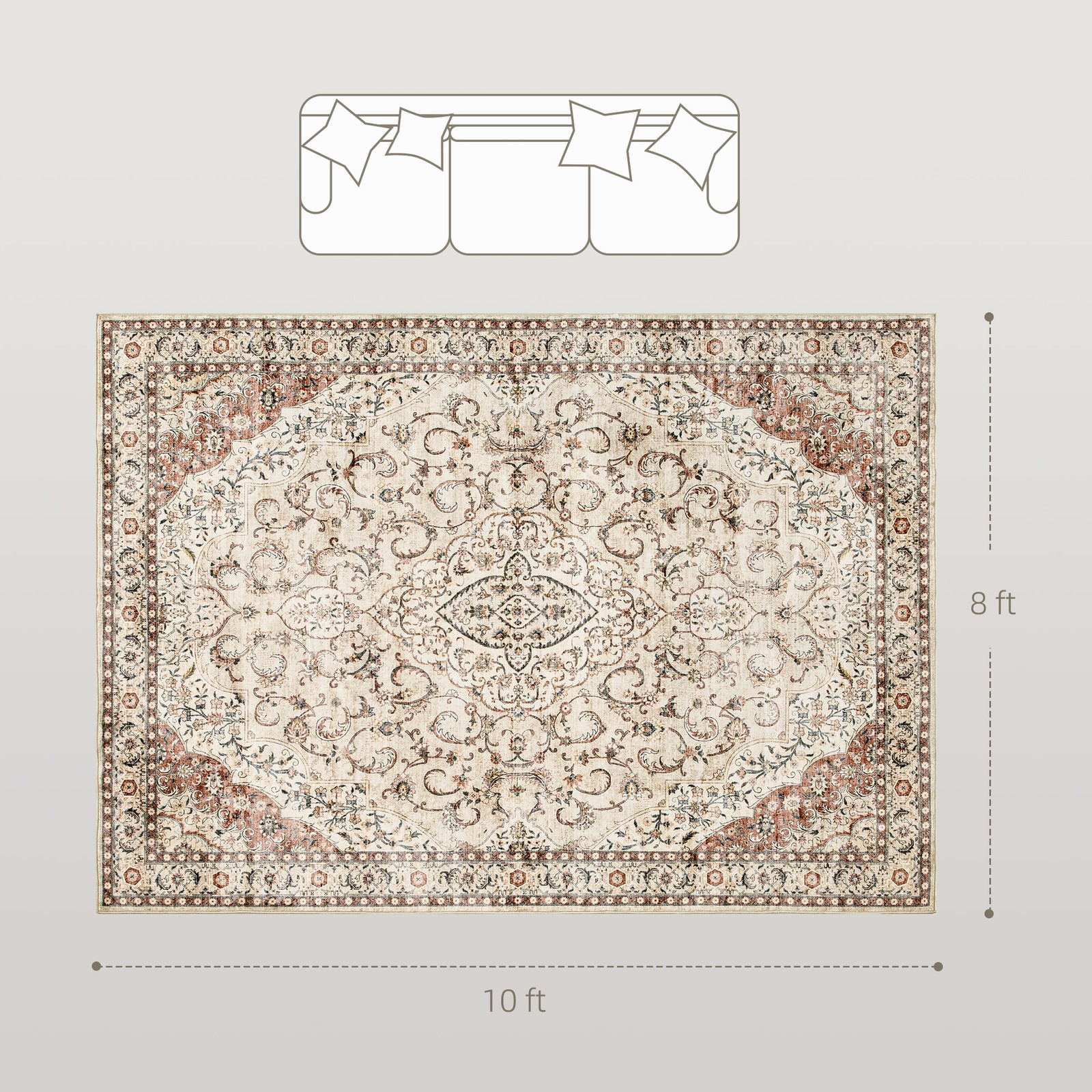 8×10 ft Classic Floral Machine Washable Area Rug, Non-Slip Brown Indoor Rug