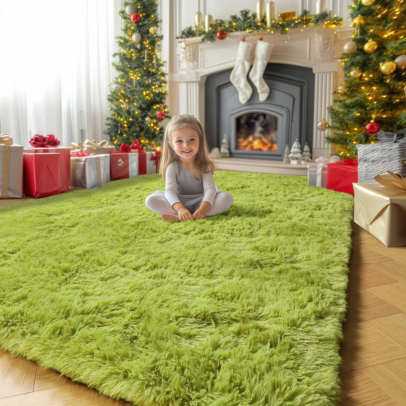 AREA RUG Fluffy Shag Furry Carpet Plush for Bedroom Grass Green 4×6 AMDREBIO