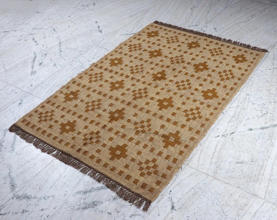 Rug Wool Jute Indian Village Vintage Kilim Handwoven Carpet Rectangle Area Rug