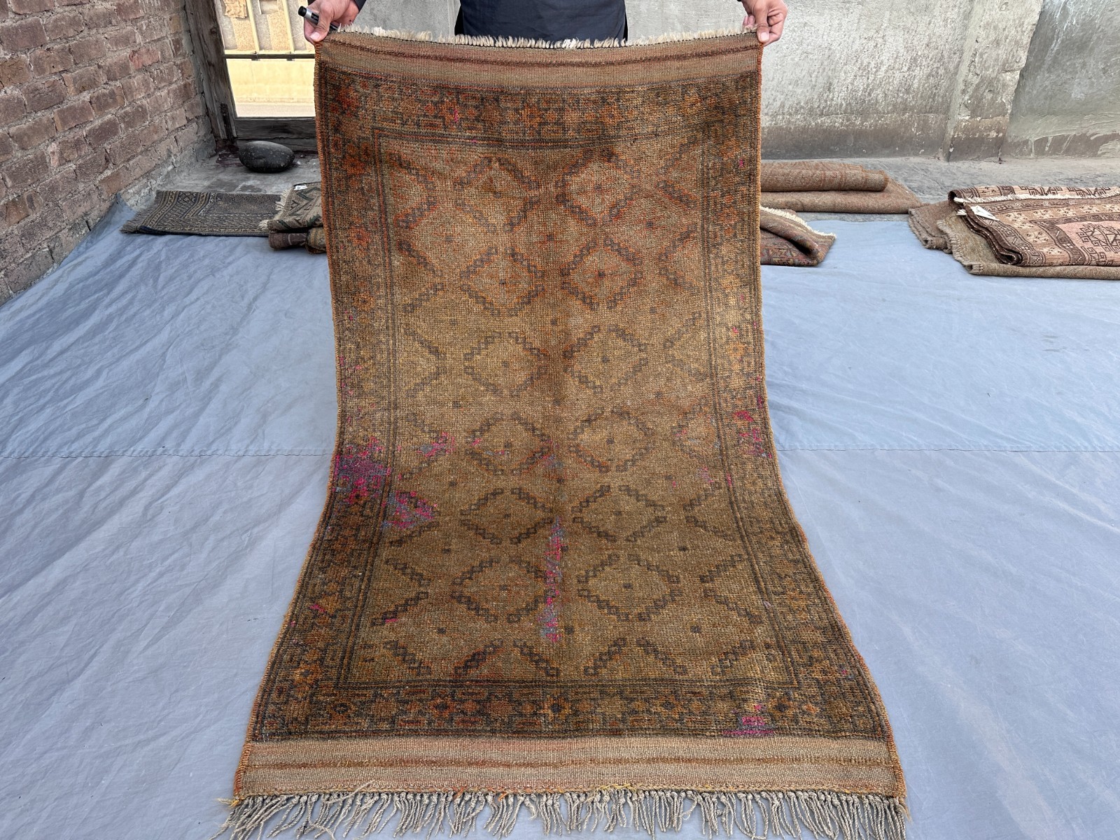 3’1 x 5’2 Ft Distressed Afghan Tribal Wool Rug– Diamond Lattice Geometric Rustic