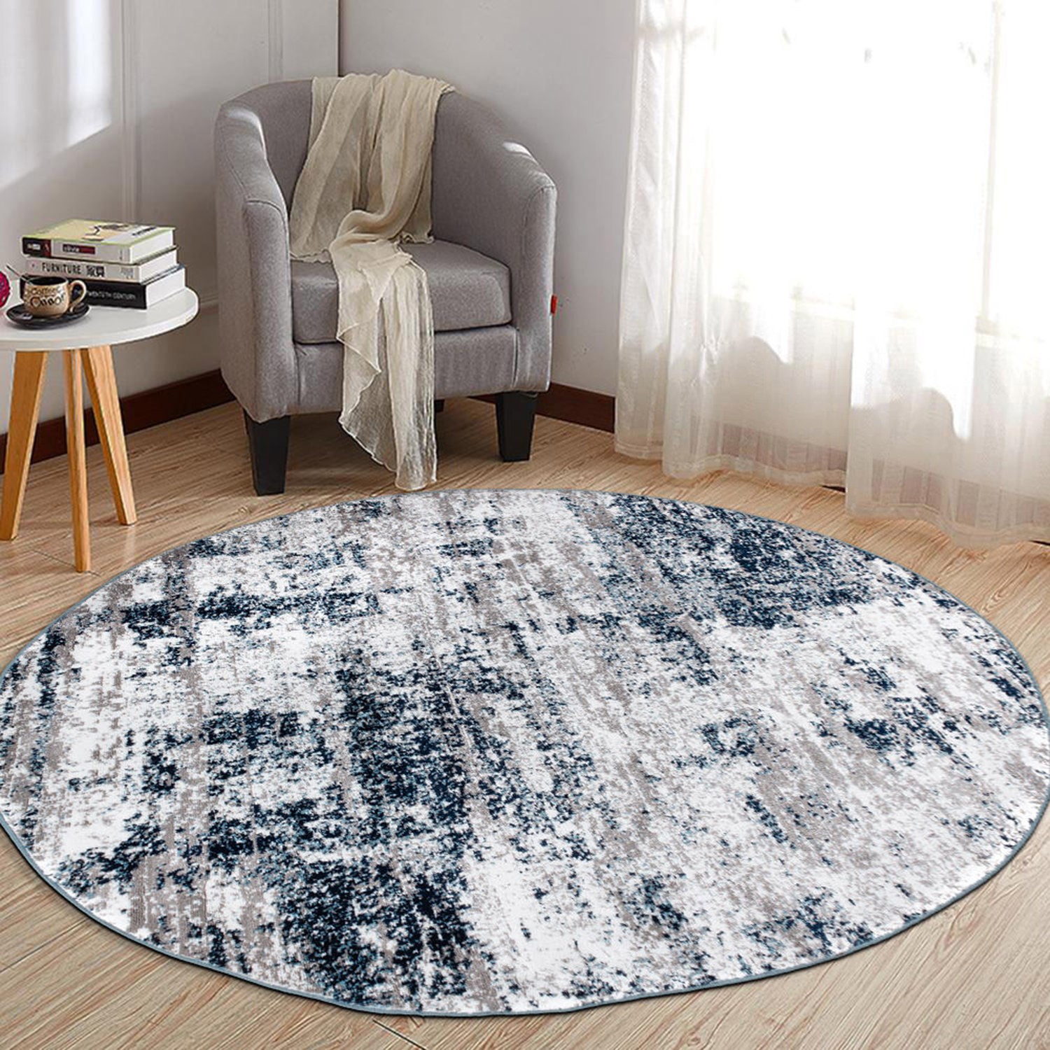 Rugshop Round Area Rug Distressed Abstract Carpet Rugs for Living Room Jute Rug