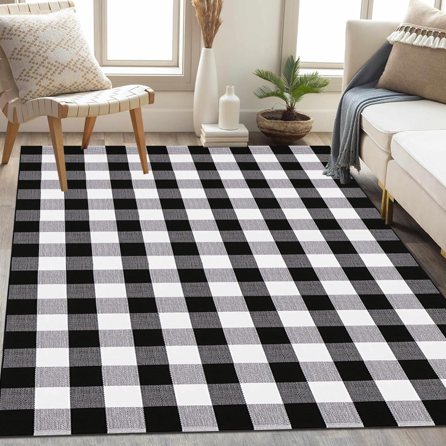 Buffalo Plaid Rug 5′ x 7′ Black and White Check Rug Washable Checkered Area R…