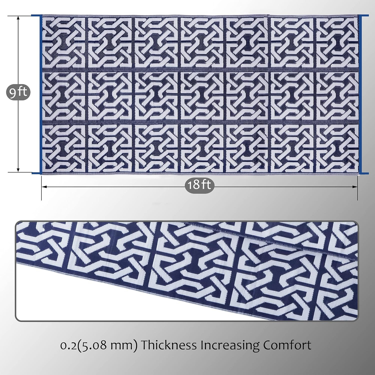 Reversible Plastic Straw Rug, 9′ x 18′ Outdoor Mat, Dark Blue & White