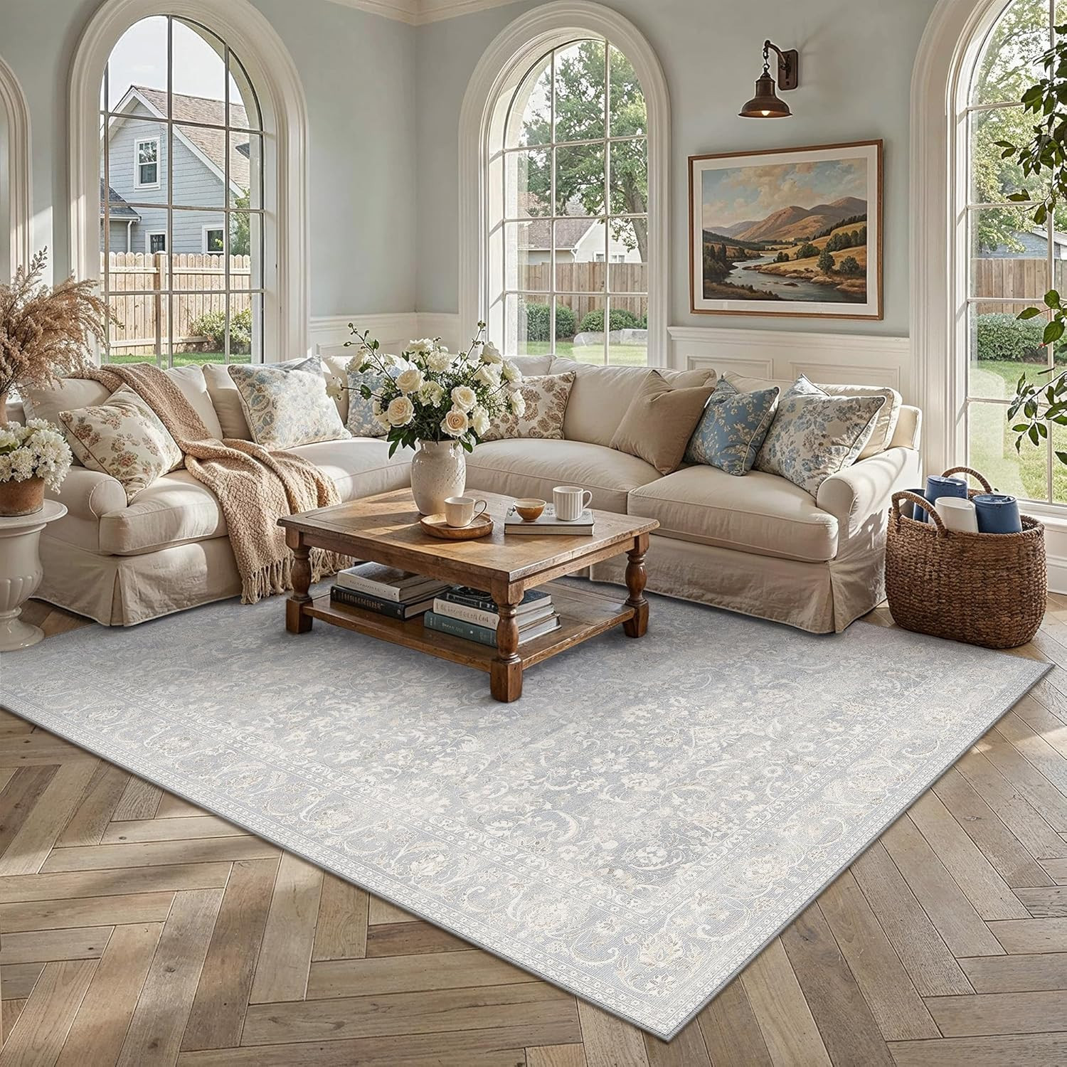 Area Rug 5×7, Low Pile Stain Resistance Thin Non Slip Floral Carpet for Living R