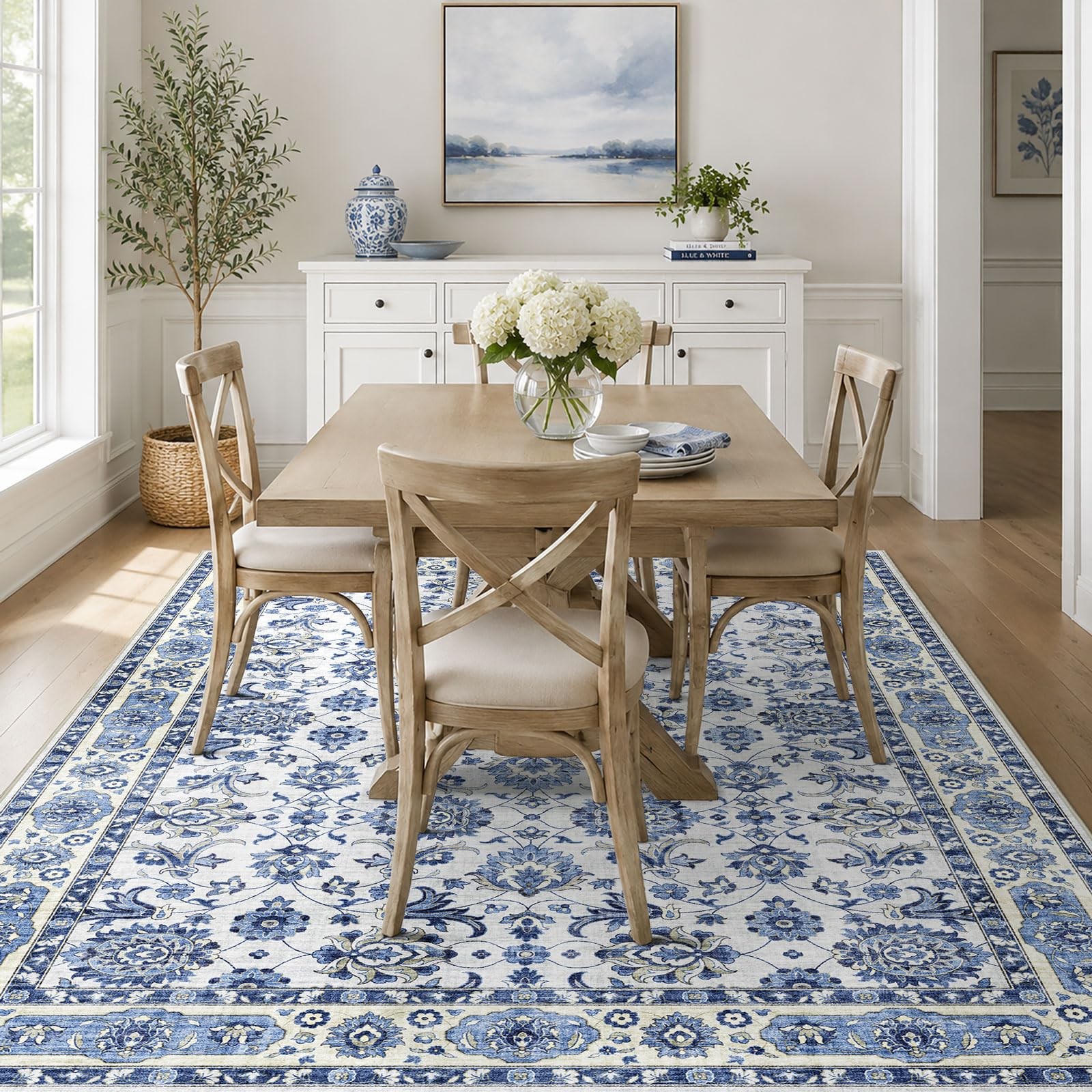 Blissa Washable 5X7 – Blue Vintage Floral Rug For Living Room