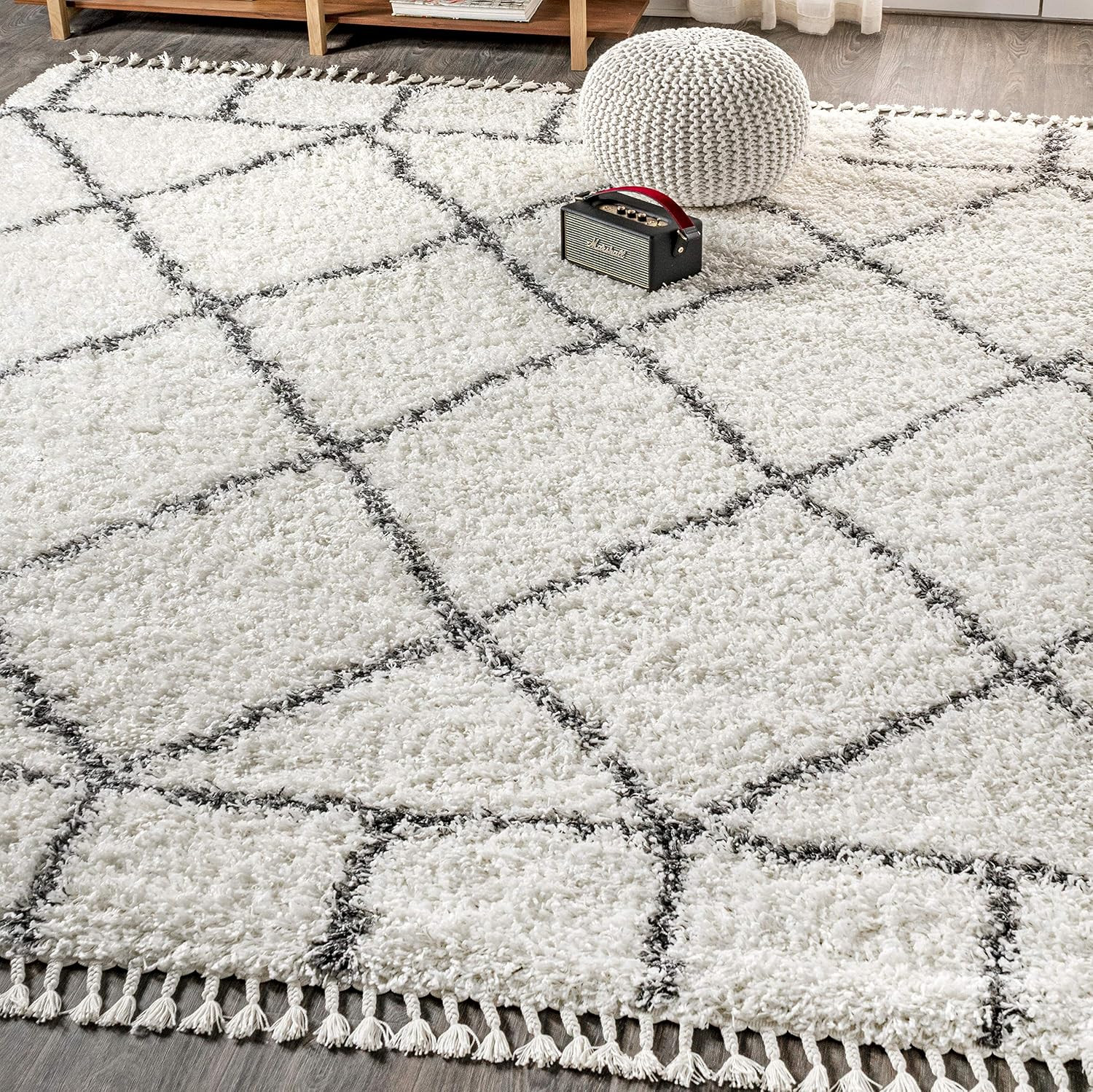 Mercer Shag Plush Tassel Ivory/Gray Indoor Area Rug, 3X5, Moroccan Geometric Tre
