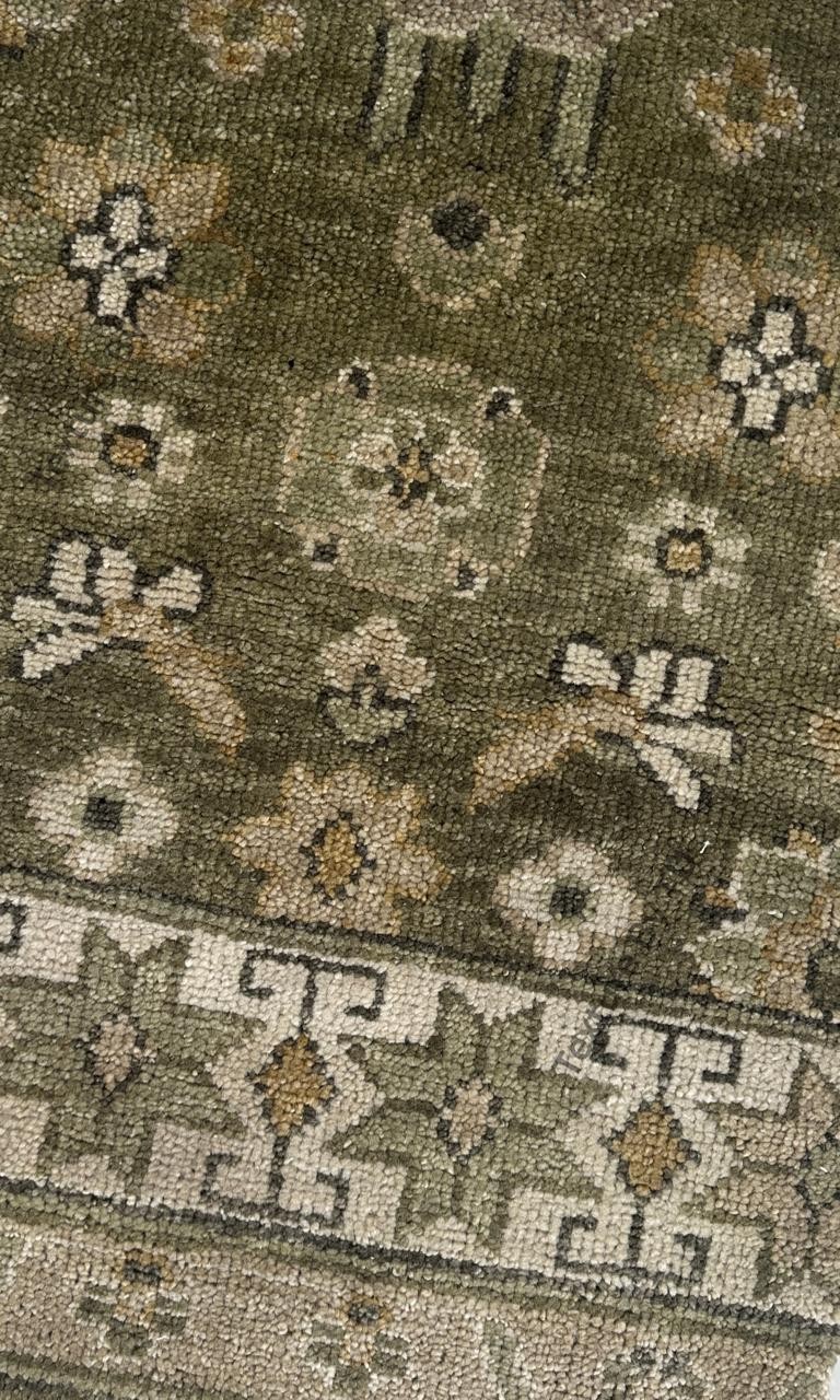 Hand Knotted Wool Rug | Tribal Oushak Style Green Anatolian Carpet