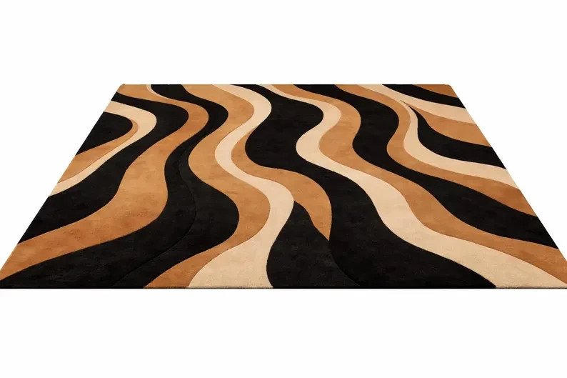 Modern Abstract Wave Area Rug Handmade Wool Black Beige Contemporary Living Room