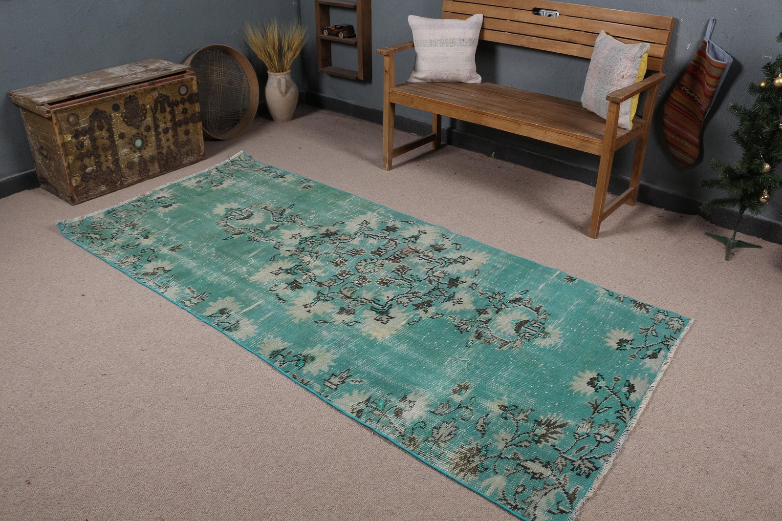 3,7×8,2 ft Turkish Rug, Vintage Area Rug, Green Gray Floral Rug