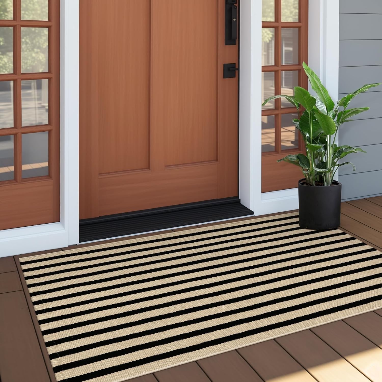 Outdoor Porch Rug Front Door Mat 24″x51″, Washable Black and Tan Striped Outd…