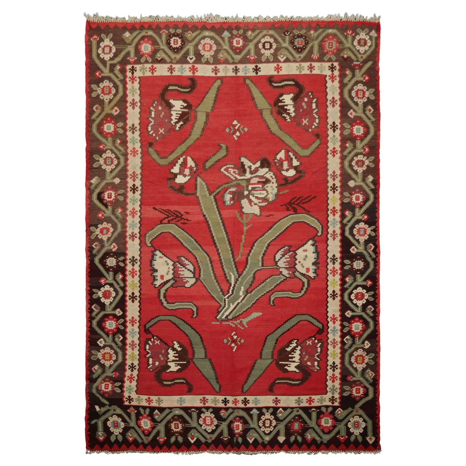 6’9”x10′ Hand Woven Wool Raspberry Kilim Vintage Turkish Vegetable dyes Rug