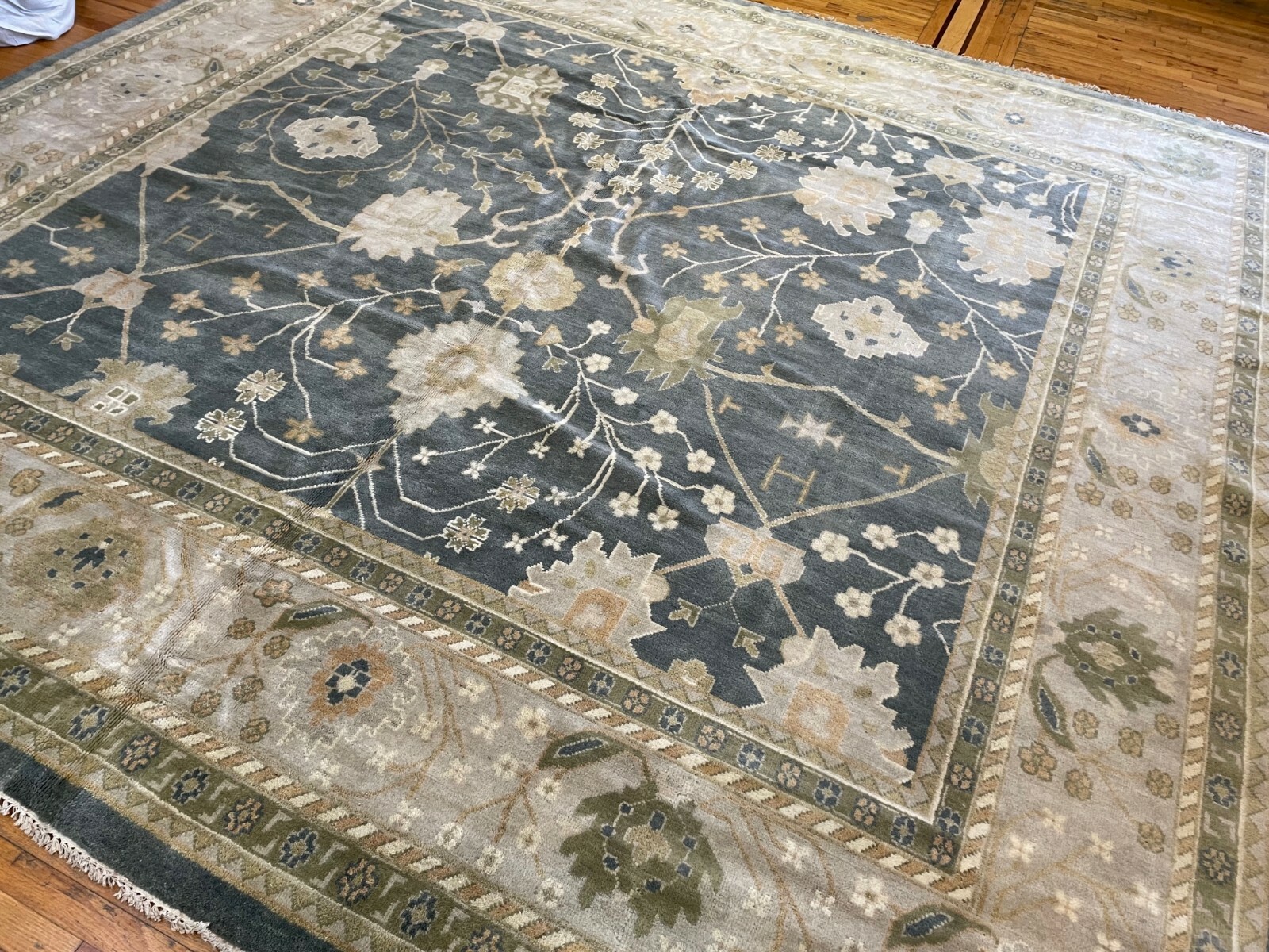 12×12 SQUARE Oushak Oriental rug wool Green Gray Peach vegetable dye GORGEOUS!