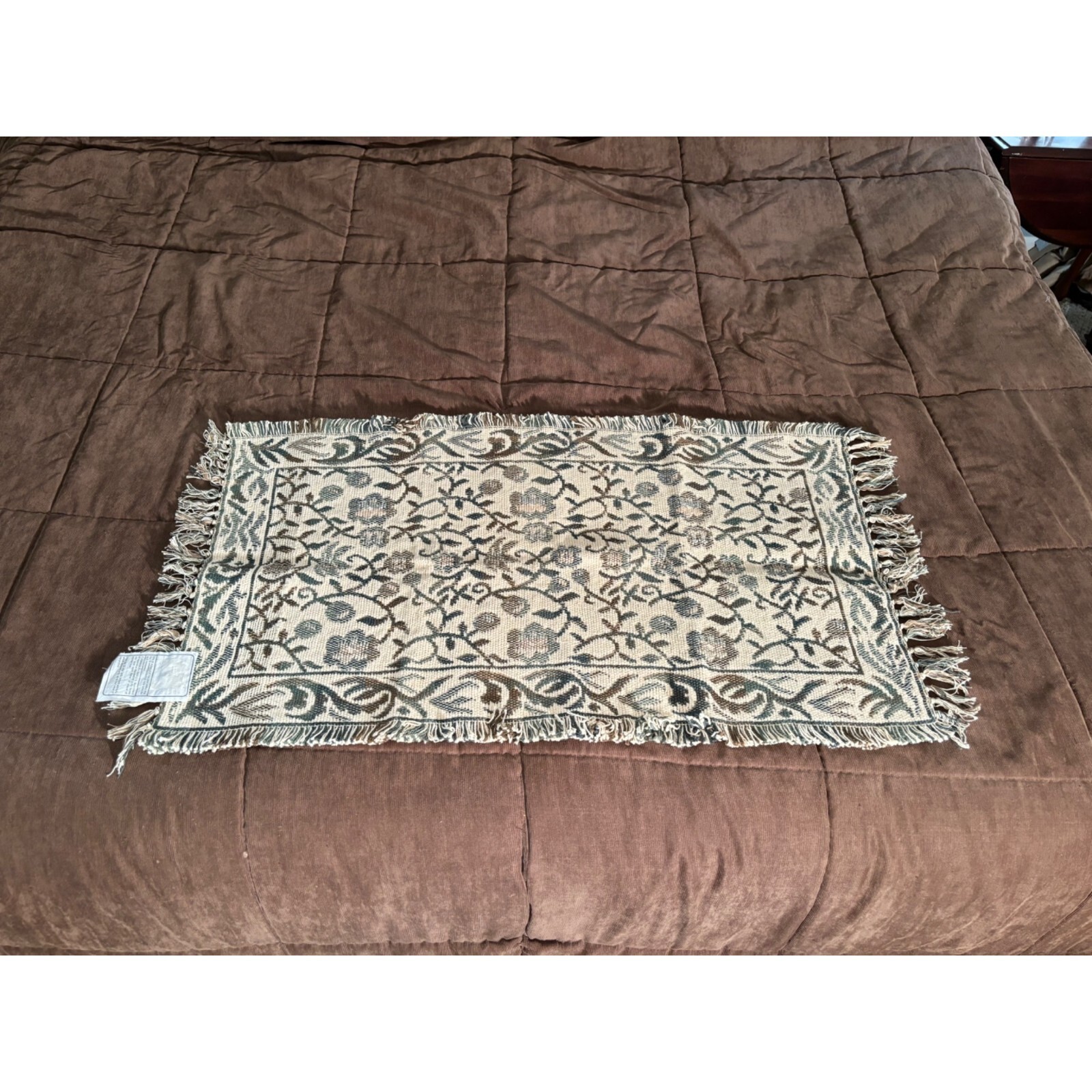 Jacquard Rug 100% Cotton 20×40 including Fringe Cream, Green and Brown New