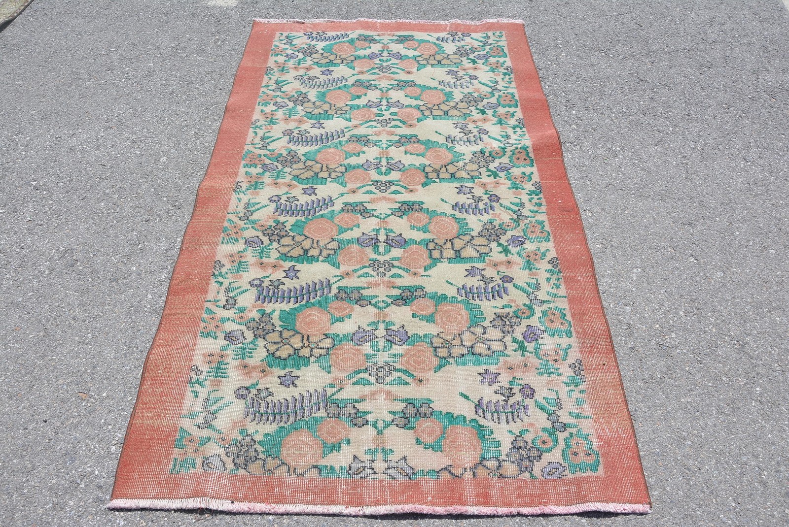 Vintage Turkish Rug 3,7×6,5 ft, Green Area Animal Print Wool Rug
