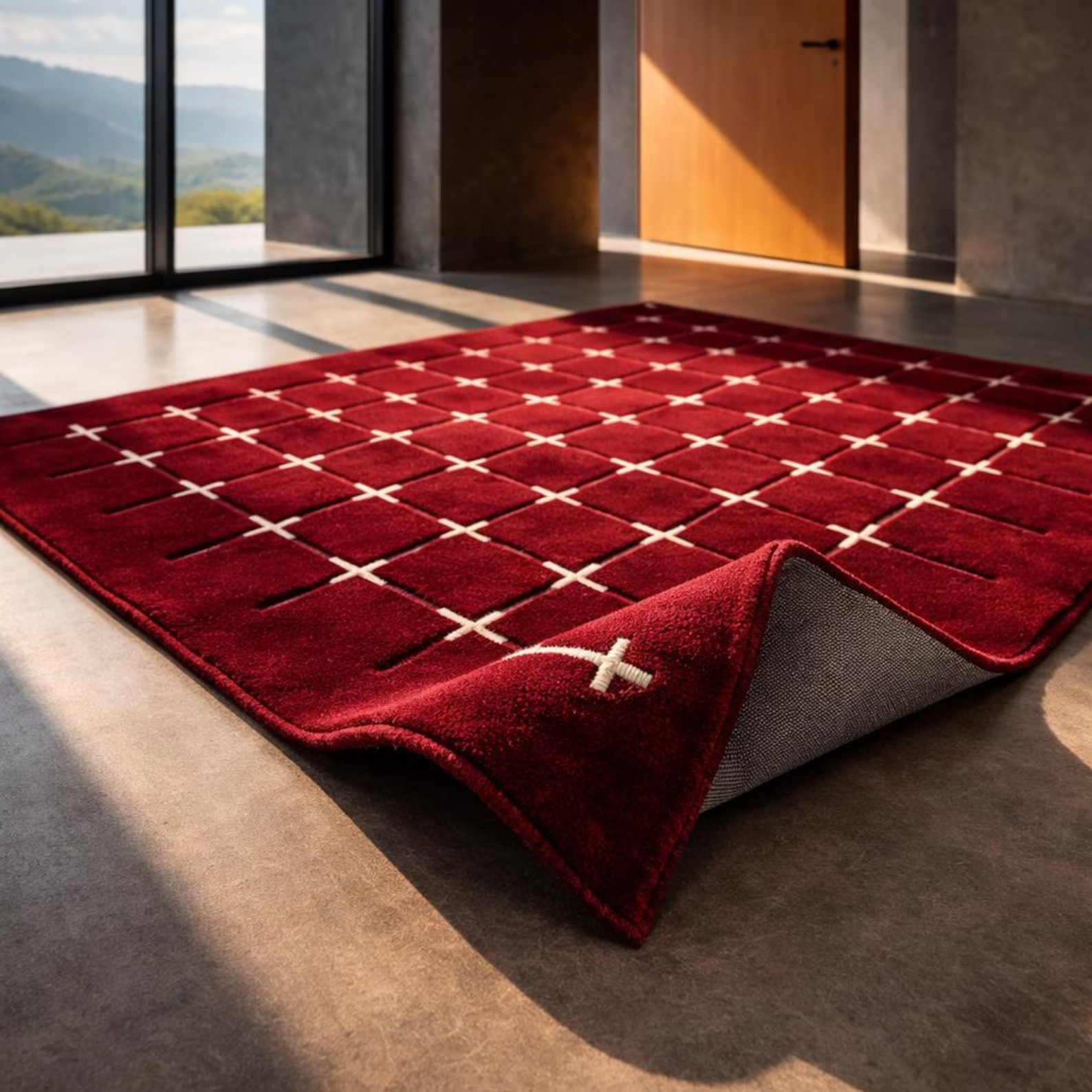 Modern Red Geometric Wool Area Rug – Minimal Grid Pattern Hand Tufted Carpet 6×9